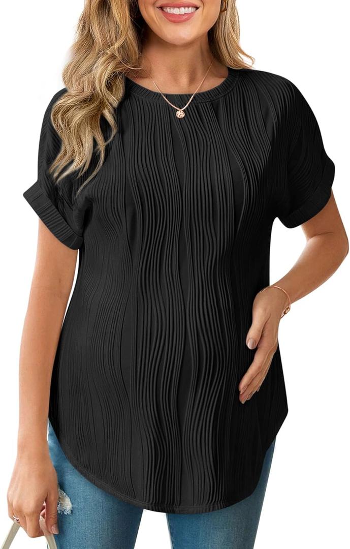 Womens Maternity Shirts Casual Textured Short Sleeve Crew Neck Spring Summer Pregnancy Tops S-XXL (Large, Black)