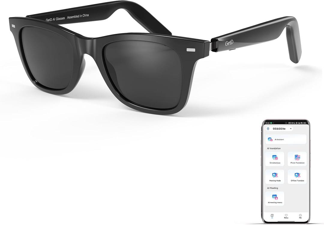 GetD 2026 AI Glasses for Men & Women, Smart Glasses Powered by ChatGPT, AI Real-time Translation with 145 Languages, 11H Music Play, Bluetooth Sunglasses with Polarized Lens, UV Protection for Travel (Standard, Polished Black + Gray Polarized Lens)