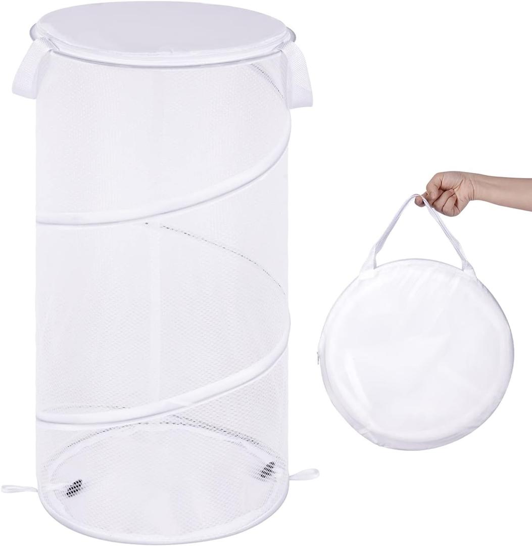 BATTOO Large Collapsible Laundry Basket with Lid Foldable Mesh Pop Up Hamper with Handles for Laundry Room, Bathroom, Kids Room, College Dorm, Travel, Storage Organizer White