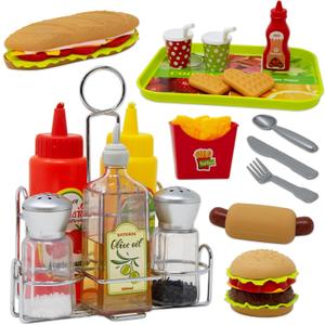 Kiddie Play Food Sets for Kids Kitchen  Fast Food & Condiment Set with Burger, Hot Dog, Fries, Drinks & Sauce Bottles Realistic Toy Food for Toddlers