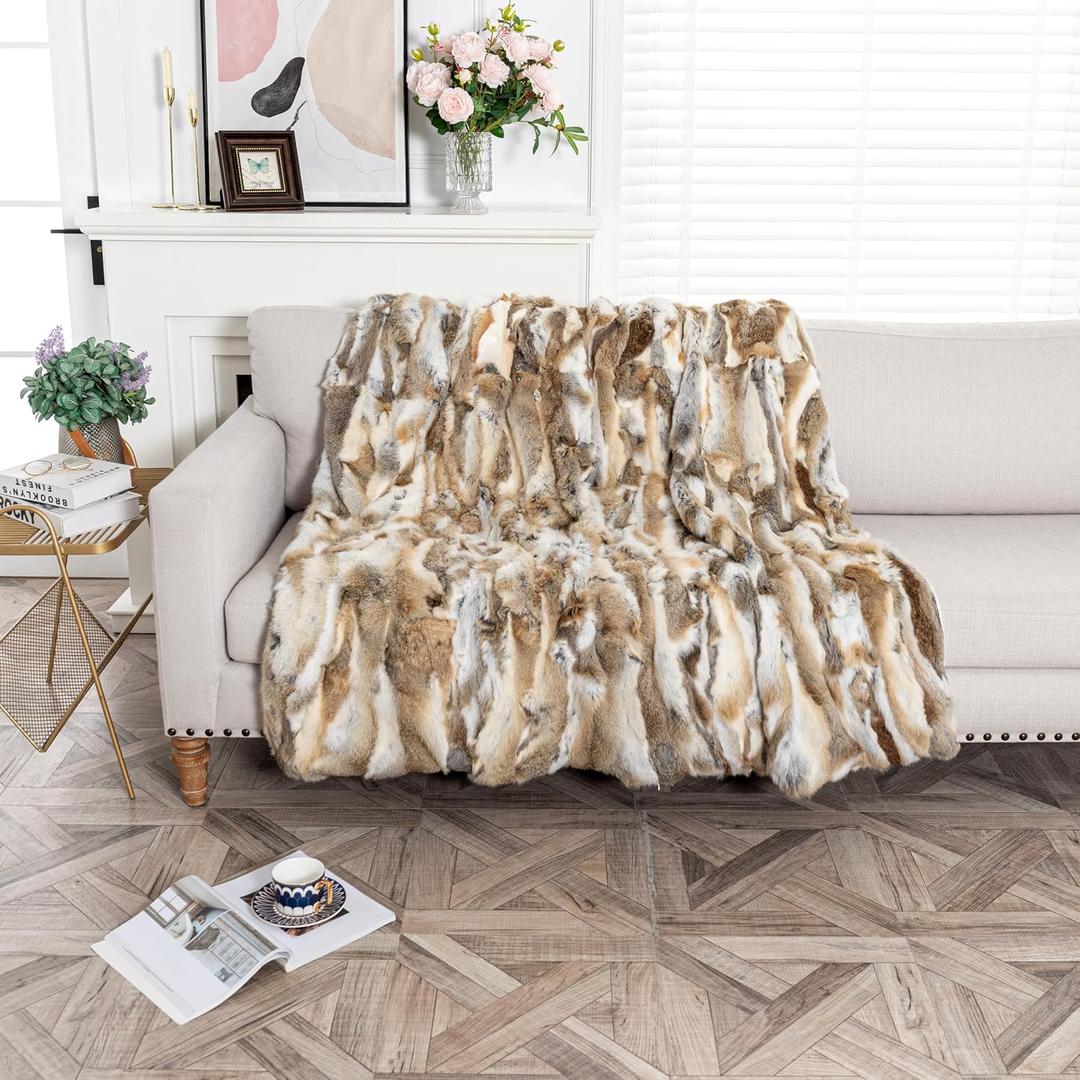 Real Fur Blanket Throw for Couch Tan Fur Throw Blanket Fuzzy Fluffy Super Soft Furry Plush Decorative Comfy Shag Thick Sherpa Shaggy Throws and Blankets for Sofa, Bed, 103.94x92.13inch