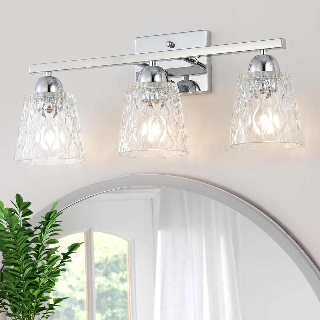 Mecgirn Stainless Steel Bathroom Vanity Light Over Mirror, 3 Light Polished Chrome Bathroom Light Fixtures with Textured Glass Shades, Modern Vanity Lighting Wall Mount