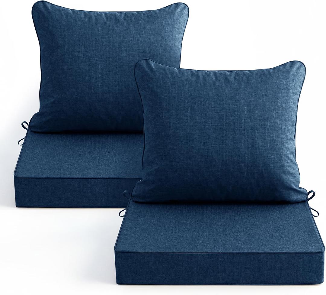 Outdoor Chair Cushions, Faux Linen Backrest and Deep Seat Cushion Set for Patio Furniture with Weather Resistant Removable Cover, Ties, Non-Slip Bottom, 22 x 22 Inch, Navy, Set of 2