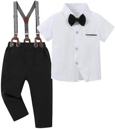 SANMIO Toddler Baby Boy Clothes Suit Gentleman Wedding Outfits, Formal Dress Shirt with Bowtie + Suspender Pants 12-18m