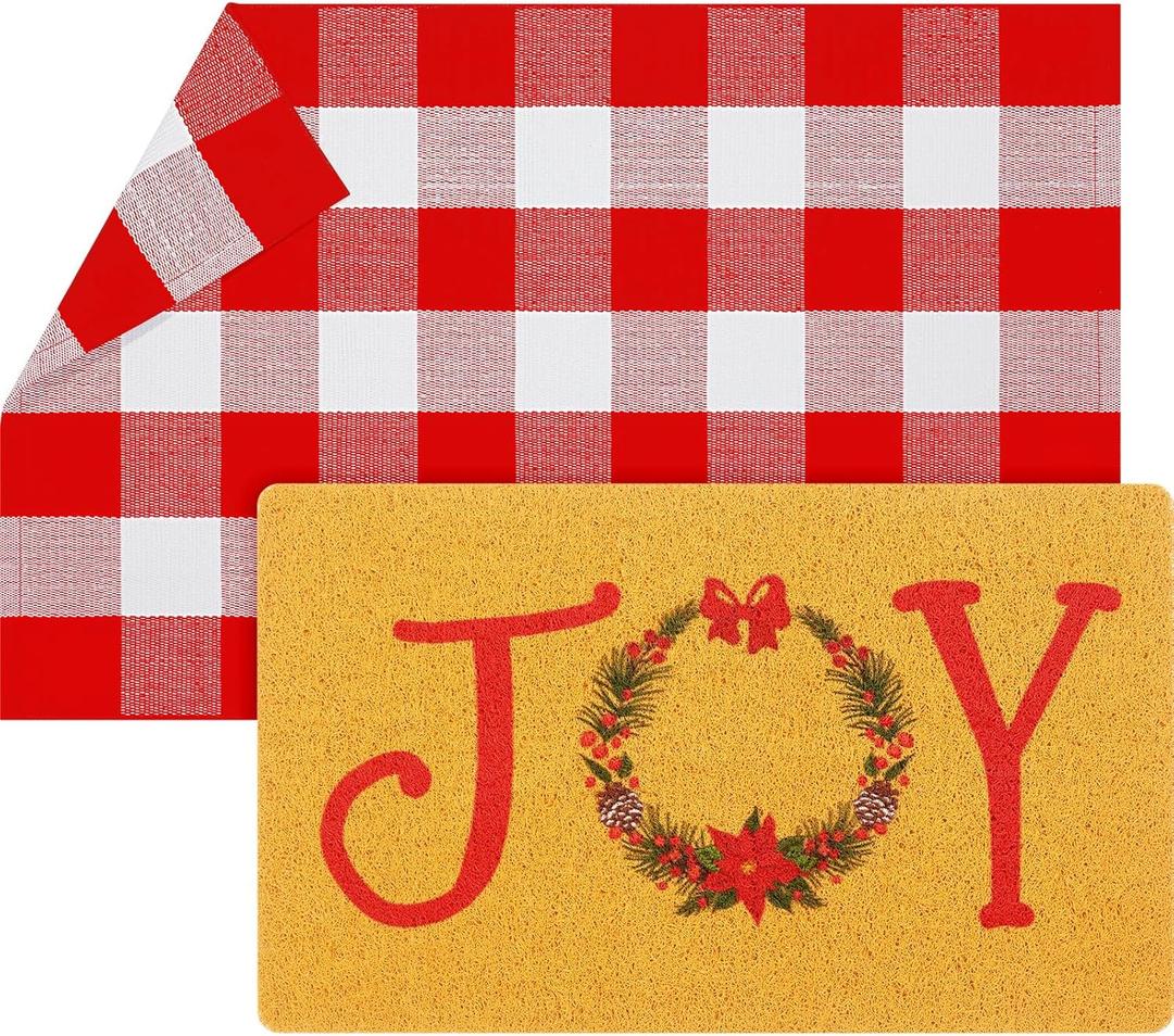 Tinideya 2 Pcs Merry Christmas Door Mats Joy Wreath Welcome Doormats with Layered Plaid Rug Christmas Front Door Rugs for Entrance Porch Winter Holiday Outdoors Decor 17 x 29 Inch