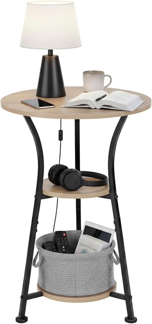 Dulcii 3-Tier Round Side Table with Storage, Industrial End Table for Living Room, Rustic Wood & Metal Bedside Nightstand, Accent Plant Stand for Bedroom Corners & Small Spaces (Oak)