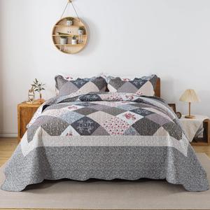 HoneiLife Queen Size Quilt Set - 3 Pieces - Grey Border Microfiber Bedding Set - Lightweight, Reversible Coverlets, Floral Bedding - All Season Quilts | Bedding Set, All Season, Lightweight, Reversible, Quilts, Coverlets, Bedding