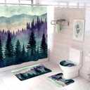 4Pcs Misty Forest Shower Curtain Set Nature Woodland Waterproof Bath Curtain with 12 Hooks Pine Tree Fog Bathroom Decor with Non-Slip Rugs, Toilet Lid Cover Bath Mat for Bathtubs, Purple