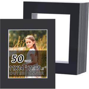 Falling in Art 50 Pack Black Acid Free Pre Cut Mats - 11x14 Picture Frame Mats for 8x10 Photos with White Core Bevel Cut Matting for Prints, Artwork, and DIY Projects (11" x 14" 50-PACK Pre-Cut Black)