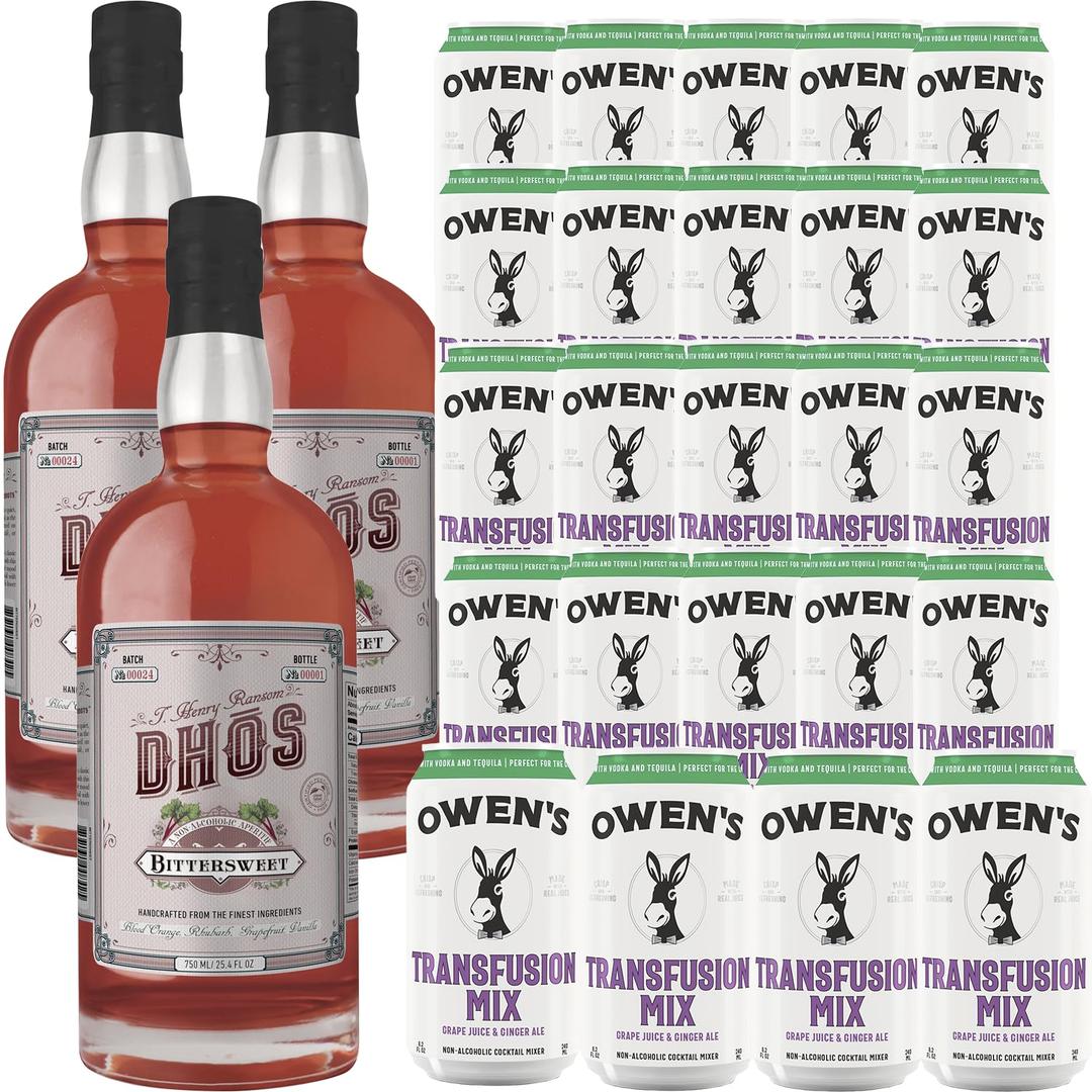 Dhōs Handcrafted Non-Alcoholic Bittersweet 750 ML Bottles w Pack Owen’s Mixers Transfusion Mix 8.2 OZ Cans - Keto-Friendly, Zero Sugar, Zero Calories, Zero Proof - Perfect for Mocktails - Made in USA