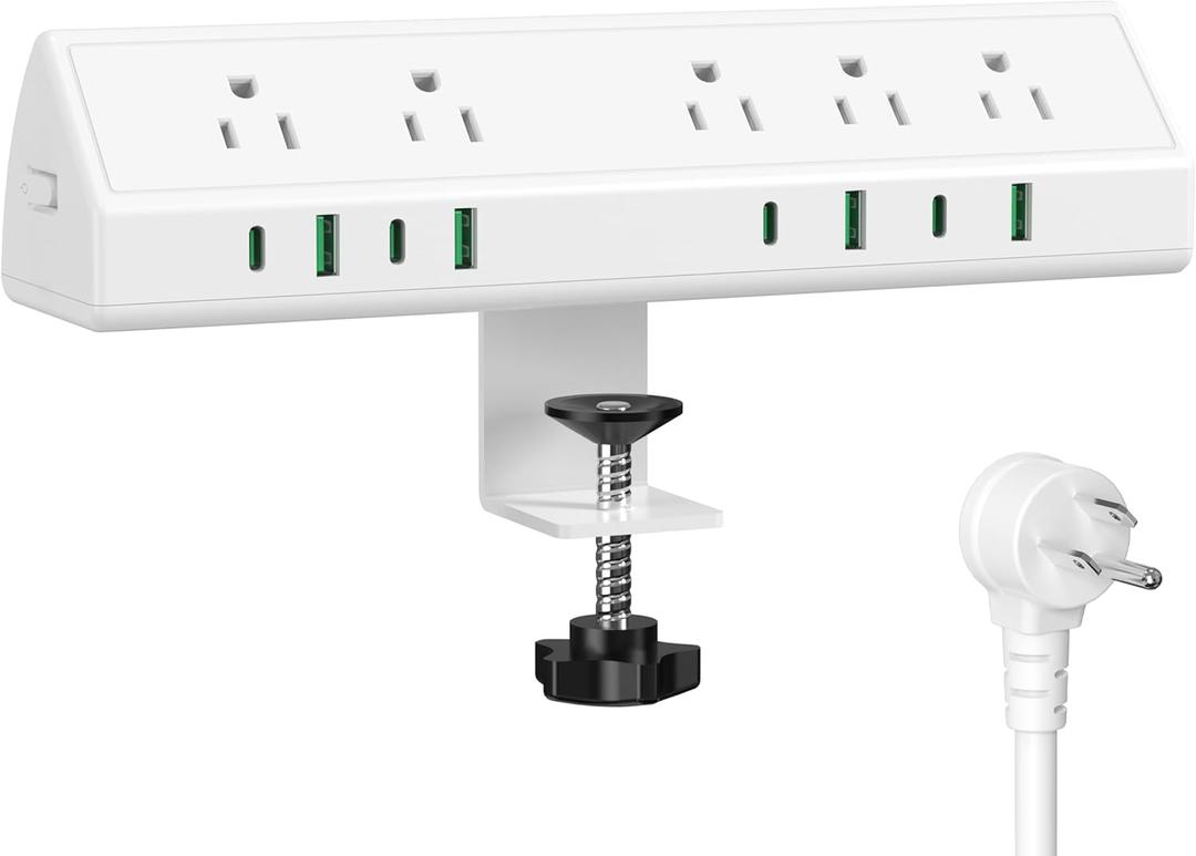 Jgstkcity Desk Clamp Power Strip,45W Fast Charging Station,4 USB-C,4 USB-A,Desk Mount Surge Protector,1875W Extension Cord with Multiple Outlets,ETL Listed,for Home Office Dorm Room,White,6 FT