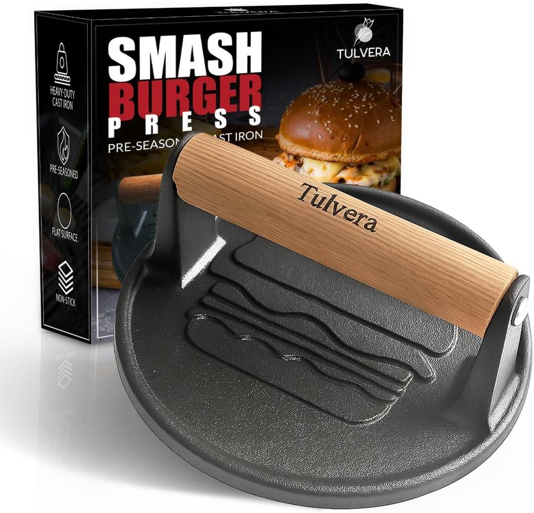 Smash Burger Press | Cast Iron Hamburger Smasher Tool | Flat-Edge Meat Press for Hamburgers, Bacon, Outdoor Kitchen | Griddle & Grilling Accessories | Pre-Seasoned | 6.1