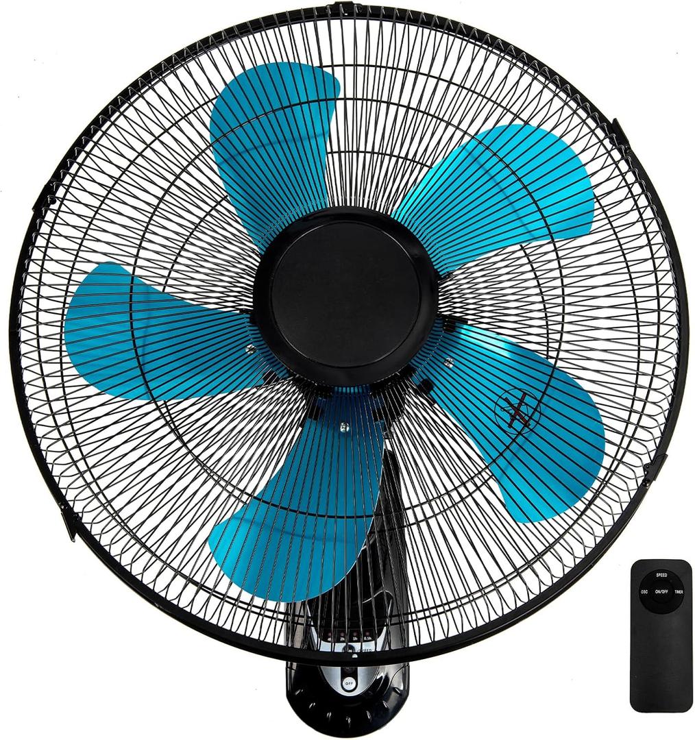 18 Inch Wall Mount Fan with Remote Control Wall Mounted Oscillating Fan with 3 Speed Settings, Adjustable Tilt and Timing for Bedroom 18in Metal Fans Blade Blue, 1 Pack