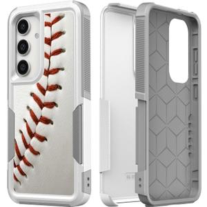For Galaxy S25 +, Unique Pattern Shock-Absorption Hard PC and Inner Silicone Hybrid Dual Layer Armor Defender Case for Samsung Galaxy S25 Plus (Baseball Sports) White