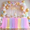 Wish Care Rainbow Tulle Tablecloth for 6 Foot Rectangle Tables Double Layer Tulle Tutu Desk Skirt Unicorn Ruffle Pastel Table Cloth Stretch Fitted Table Covers for Girls Birthday Baby Shower Party