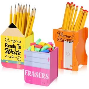 AmazingSpark 3 Pcs Pencil Shaped Holder Sharp and Eraser and Dull Holder Wooden Dispenser Pencil Storage Organizer for Back to School Management Organization (Classic)