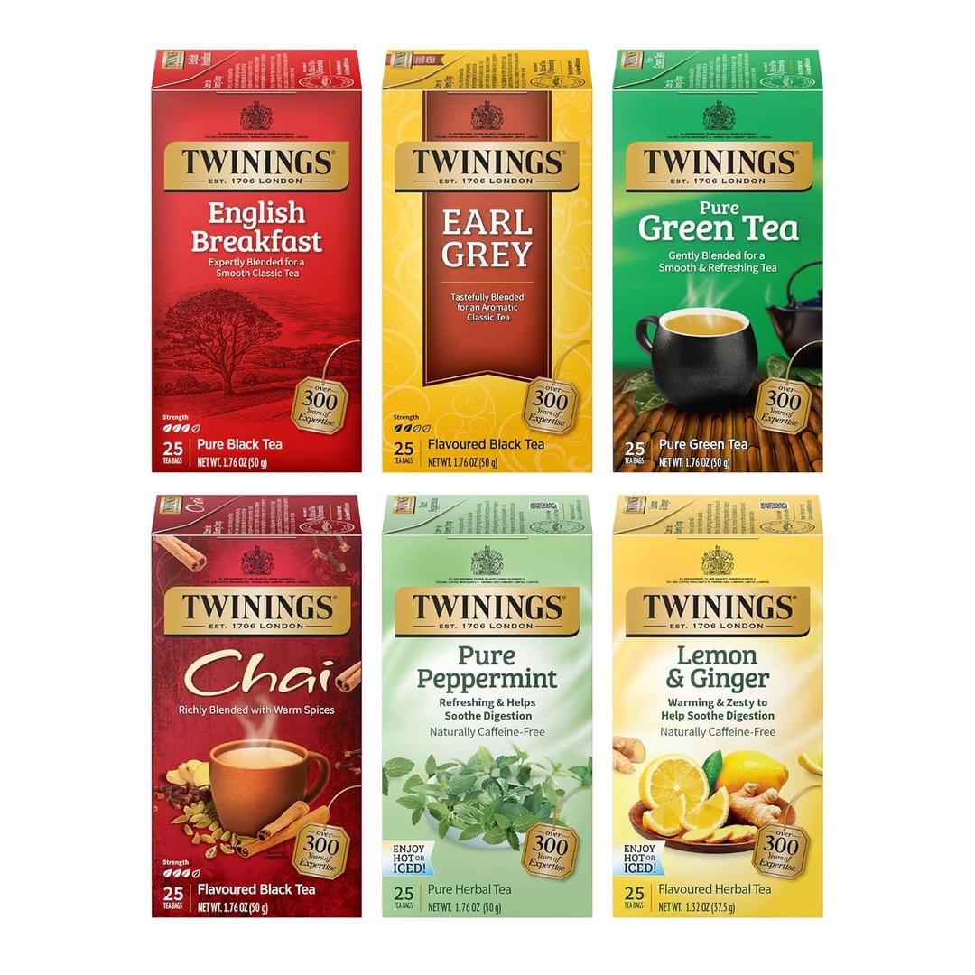 Twinings Variety Pack Tea Bags, 25 Count (Pack of 6) Includes English Breakfast, Earl Grey, Lemon Ginger, Peppermint, Green, and Chai, Enjoy Hot or Iced, 150 Teabags, BBD 2027