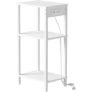 Tall End Table with Charging Station and USB Ports, 3 Tier Narrow Tall Bedside Table with Storage, Slim Nightstand with Outlets for Bedroom, Living Room, Nursery, Office, White