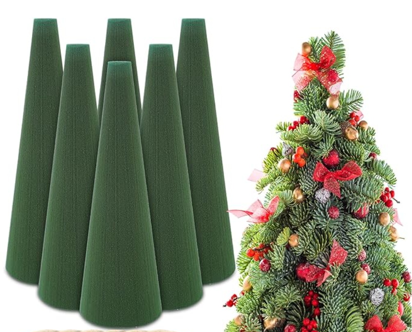 GlikCeil 6 Pcs Floral Foam Tree Cones for Christmas DIY Crafts Dry Wet Floral Foam Blocks 3.15 x 9.45 Inches Green Foam Cone for Xmas Party Wedding Birthday Flower Arrangement Florist Vase Plant Decor