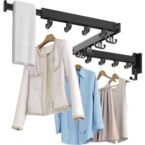 Wall Mount Clothes Drying Rack, Wall Mounted Drying Rack, Upgraded 3-Fold & Sturdy Laundry Drying Rack with 12 Dual-Side Hooks Space Saver for Laundry Room, Apartment, Dorms - Black