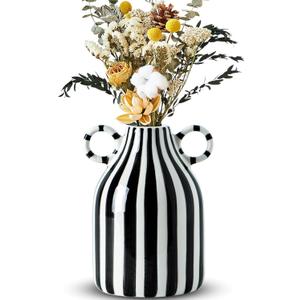 Black and White Ceramic Vase, Mid Century Modern Striped Small Vases for Flower&Pampas Grass Centerpiece, Black White Checkered Vase for Dining Table Kitchen Tabletop Minimalist Decorative