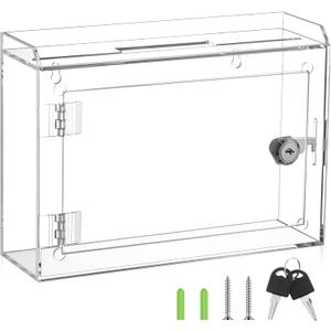 Juexica Acrylic Donation Box with Lock & Sign Holder, Large Clear Locking Suggestion Box for Fundraising Voting Secure Cash Drop, Wall Mounted 4mm Thick Shatter Resistant(9.8"l X 3"w X 7"h,Right Lock)