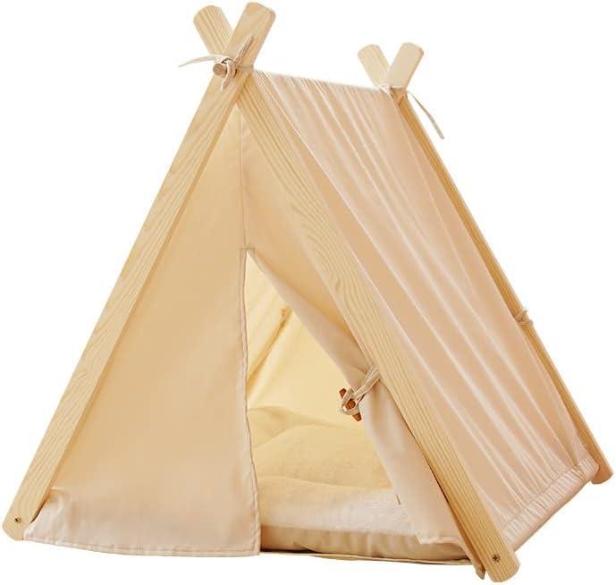 Solid Wood Indoor Pet Tent With Thick Mat - Portable Cat and Dog House Teepee, Cute Cave Bed (Off White)