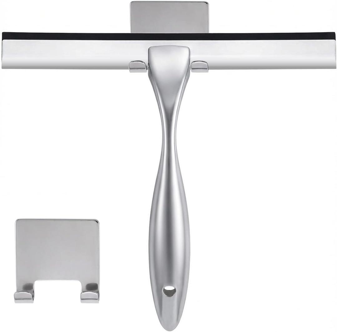 NETANY Shower Squeegee, 10-Inch Silver Squeegee, All-Purpose Stainless Steel Squeegee for Bathroom, Shower Doors, Mirrors, Tiles and Car Windows - 100% Streak Free