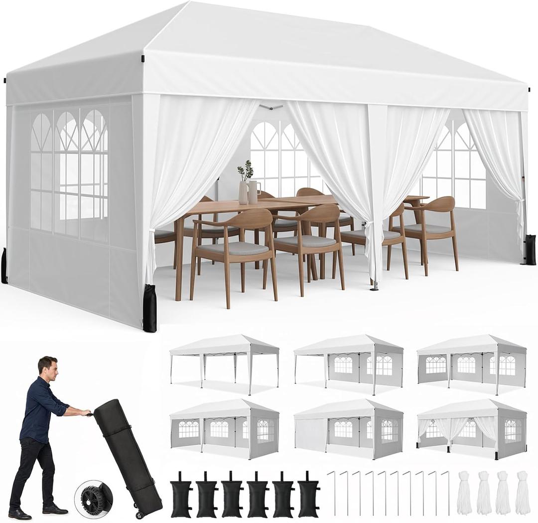 Driftalia 10x20 Pop up Canopy Tent with 6 Sidewalls, Outdoor Canopy with Windows & Roller Bag, Party Tent for Commercial Events, Weddings, Camping - White