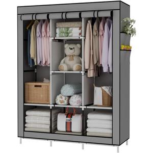 UDEAR Portable Wardrobe Closet Clothes Organizer No-Woven Fabric Cover with 6 Storage Shelves, 2 Hanging Sections and 4 Side PocketsGrey