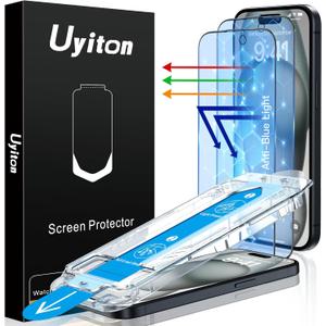 Uyiton Anti-Blue Light for iPhone 15 Plus Screen Protector - Unbreak-Glass Easy to Install Full Coverage Case Friendly Scratch Resistance 9H Tempered Glass Screen Protector for iPhone 15 Plus, 2 Pack