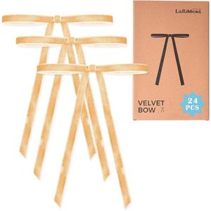 LaRibbons 24 Pcs Beige Velvet Bows for Christmas Tree, Door, Garland, Wreath, 3/8" Wide, 5"x7", Vintage Style