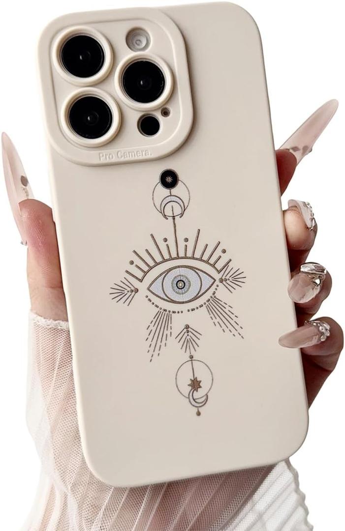 Boho Evil Eye Phone Case with Celestial Moon Star Design Soft TPU Shockproof Cover Anti-Slip Matte Aesthetic Cream White Case for iPhone 16 Pro
