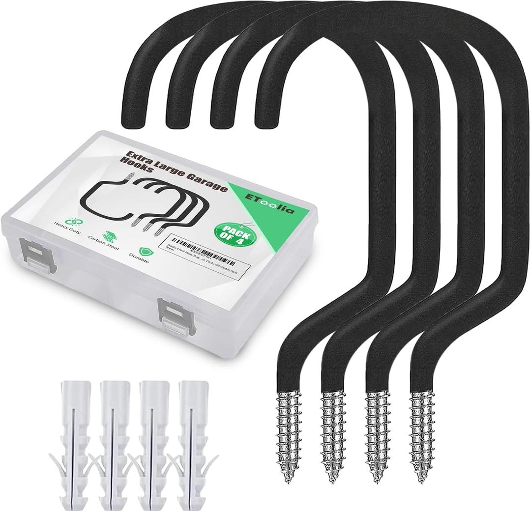 Etoolia 4 Pack Heavy Duty Extra-Large Garage Storage Utility Hooks - 7 Inches for Garage Wall and Ceiling - Garage Hooks for Hanging Bicycle, Ladder, Hose, Cords, and Garden Tools