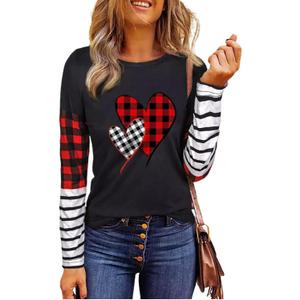 MHTOR Valentines Shirts Women Buffalo Plaid Love Heart Graphic Tees Letter Print Long Sleeve Tops Shirts Valentines Gift (Black, L)