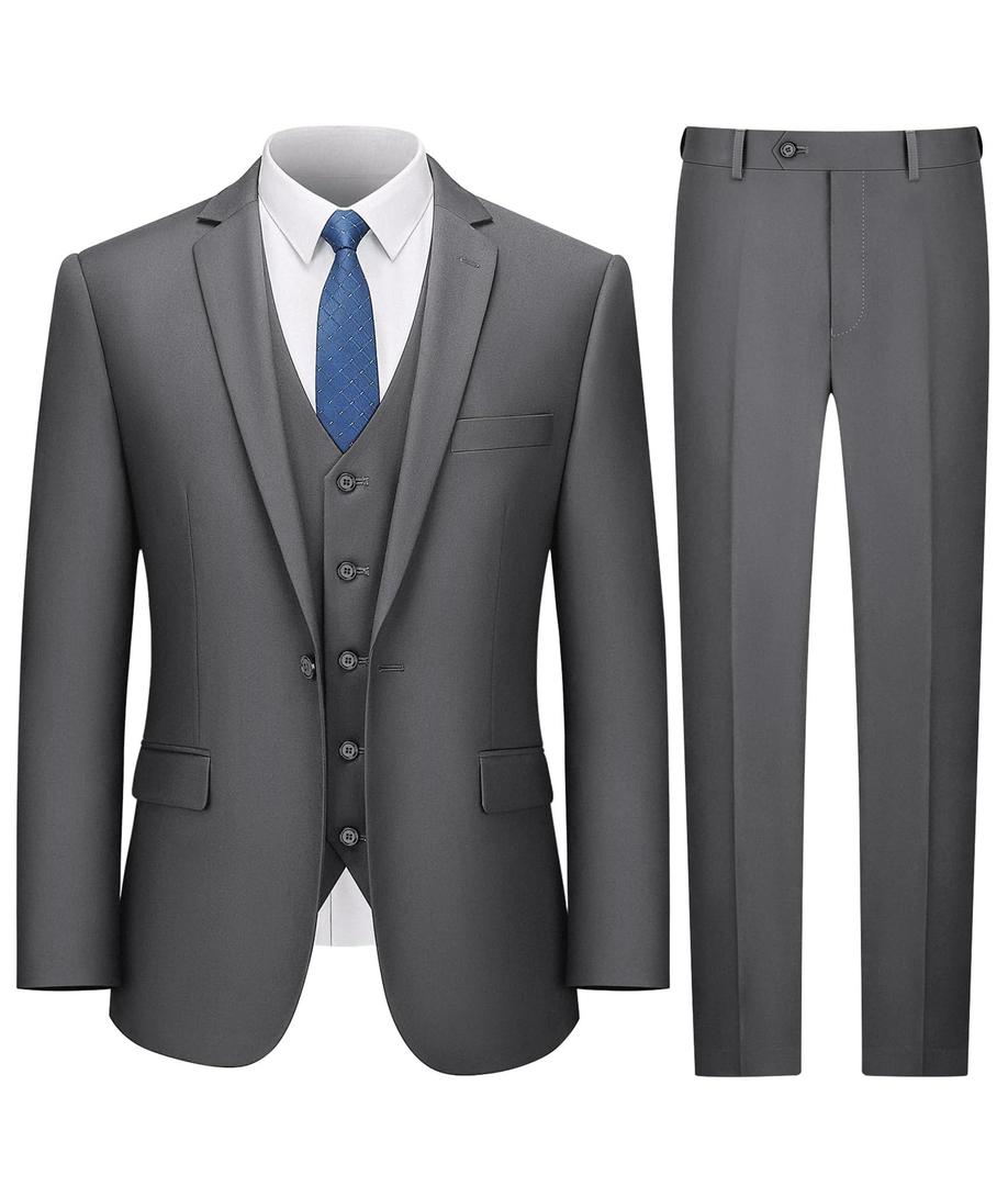 LUPURTY Suits for Men, 3 Piece Men's Suit Slim Fit, Solid Jacket Vest Pants with Tie, One Button Tuxedo Set for Business, Wedding, Dark Grey M