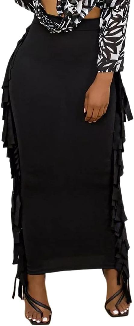 Lrady Women's Elastic Waist Slim Bodycon Side Tassels Long Maxi Pencil Skirts (XX-Large, Black)