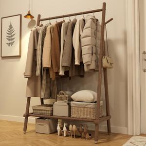 Solid Wood Clothing Rack, Rolling Clothes Rack for Hanging Clothes, Garment Rack with Shelves Load 350 Lbs, Portable Closet Organizer on Wheels for Hanging Clothes (Walnut) Solid Wood Clothing Rack, Rolling Clothes Rack for Hanging Clothes, Garment Rack with Shelves Load 350 Lbs, Portable Closet Organizer on Wheels for Hanging Clothes (Walnut)
