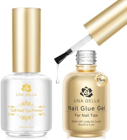 UNA GELLA Gel Nail Glue & Tips Primer Set – 15ml Long Lasting Strong Brush 6 IN 1 Nail Glue for Clear Nails Tips, Buff Finish With Primer, UV Lamp Curing Needed, DIY Salon at Home