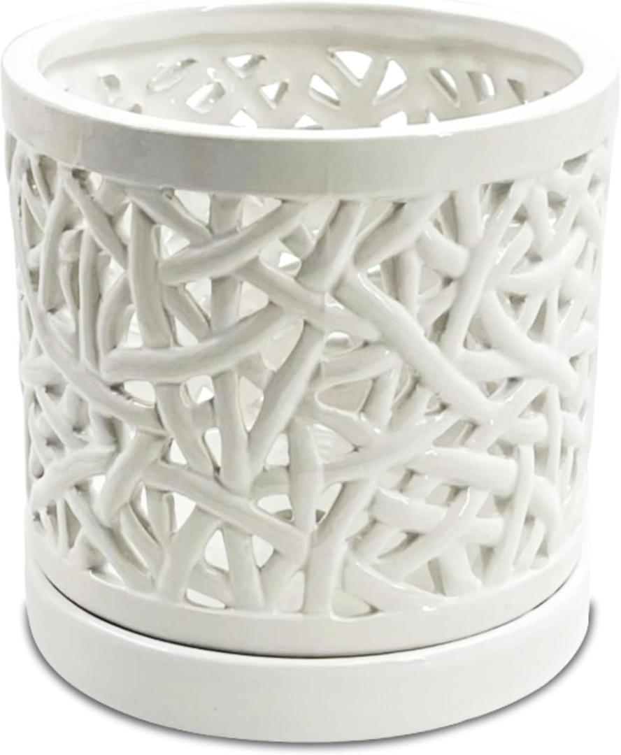 Large Ceramic Orchid Pot with Holes, 6 Inches Wide, for Indoors or Outdoors with Woven String Cut Out Design, Orchid Planters, Orchid Gifts (String Cut Out Design)