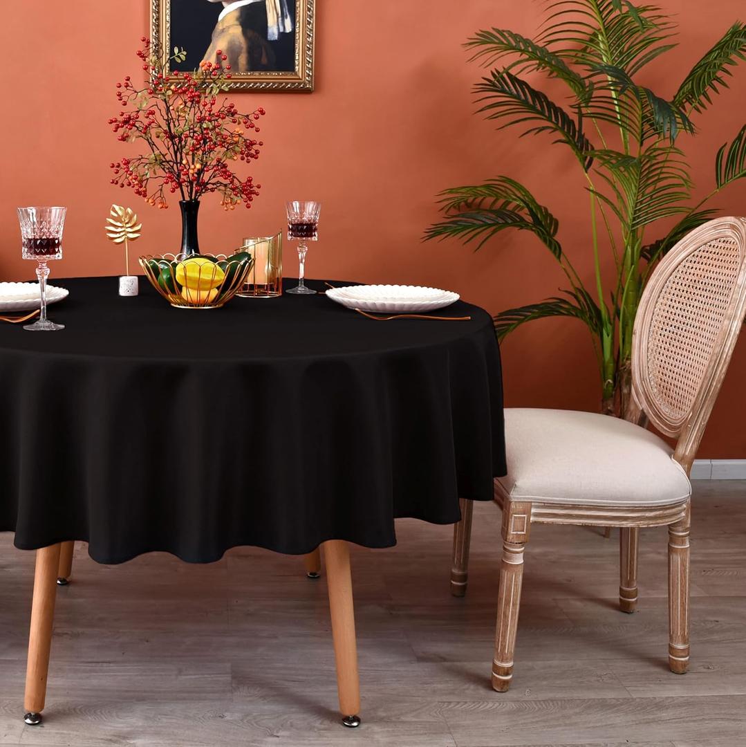 MEANMOY Black 210 GSM Water & Stain Resistant Round Tablecloth for Circle Table - Solid 48 Inch Table Cloth Cover in Wrinkle Free Durable Washable Polyester Fabric for Wedding, Party, Banquet