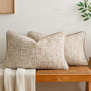 a moment Khaki Reversible Pillow Covers 2 Pack - Farmhouse Chenille Throw Pillows, Neutral Textured Decorative Throw Pillow Covers with Border for Couch Sofa Bed (12x20 Inch, No Insert)
