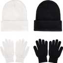 baotongle 2 Set Winter Knitted Cuff Beanies Gloves Set Acrylic Warm Skull Cap Cuff Hat Classic Gloves for Men Women