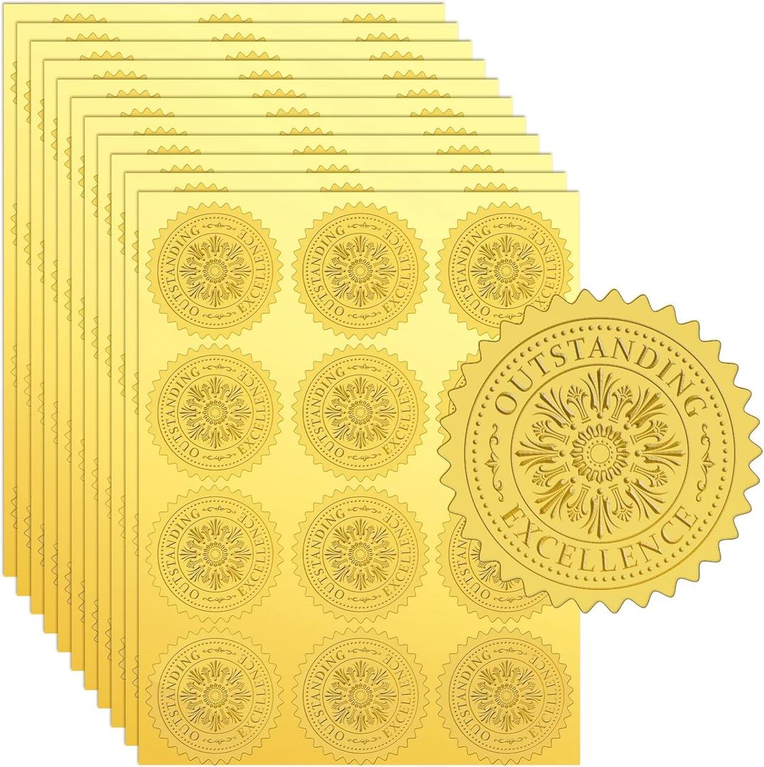 Fuutreo 360Pcs Gold Foil Certificate Seals 2'' Gold Seal Stickers Self Adhesive Embossed Seals Golden Foil Stickers Outstanding Excellence Award Labels for Envelopes Diploma Certificates Graduation