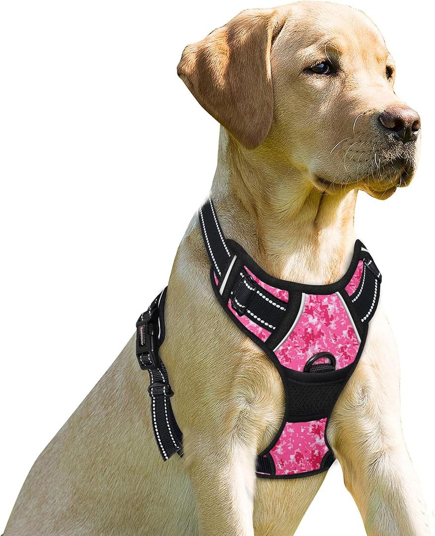 BARKBAY No Pull Dog Harness Front Clip Heavy Duty Reflective Easy Control Handle for Large Dog Walking(Pink camo,L) (Large(Chest:27-32"))