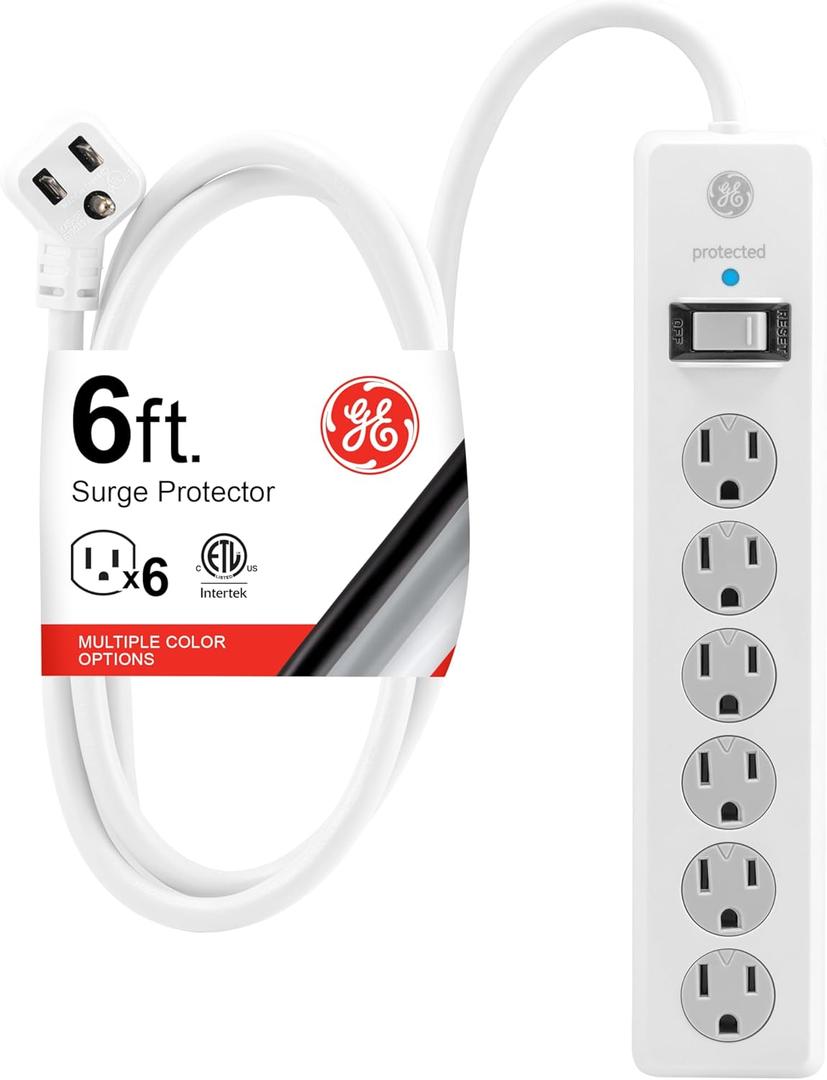 GE 6-Outlet Surge Protector, 6 Ft Extension Cord, Power Strip, 800 Joules, Flat Plug, Twist-to-Close Safety Covers, Protected Indicator Light, ETL Listed, White, 67051