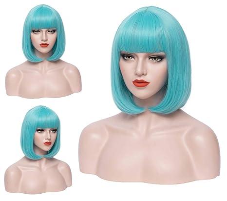 PATTNIUM 12 Inches Blue Bob Wig Short Teal Wig with Bangs for Women Girls Heat Resistant Synthetic Wigs, Light Blue