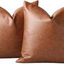 Homefeelzydys Throw Pillow Covers 16x16 Inch Set of 2, Faux Leather Accent Throw Pillow Cover 40x40cm, Modern Country Farmhouse Style Pillowcase for Bedroom Living Room Sofa Brown Pillows