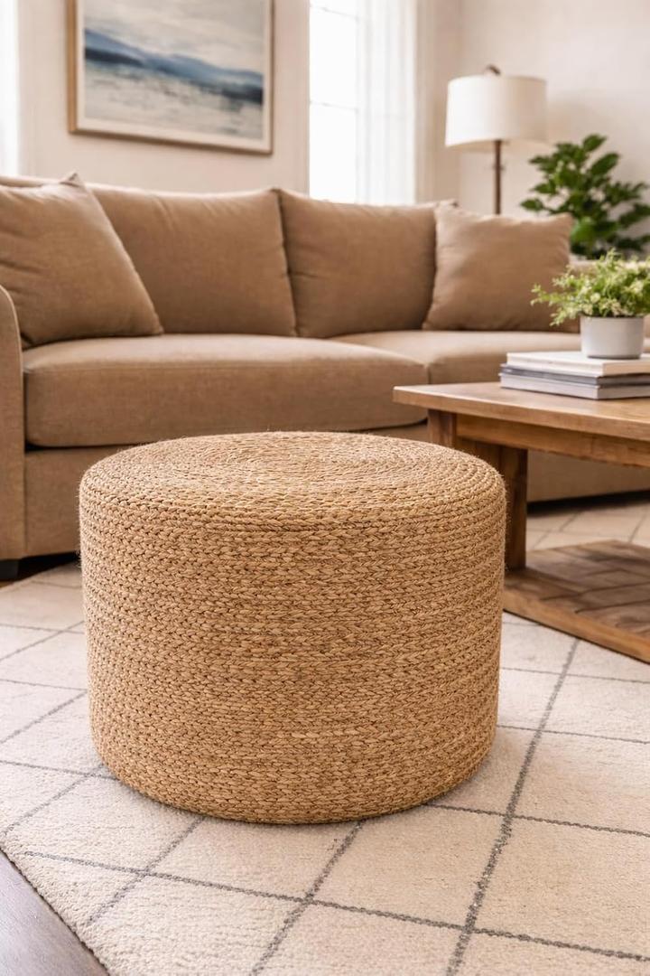 Jute Pouf Ottoman | Footrest Pouf | Hand Braided - Round Boho Pouffe - for Living Room, Bedroom, Nursery (20"x20"x10") Natural