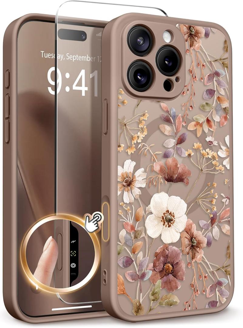 GVIEWIN for iPhone 16 Pro Case Compatible with MagSafe, [Military Grade Protection] [Screen Protector] Full Camera Protection Floral Translucent Women Magnetic Phone Case, Corn Poppy/Brown
